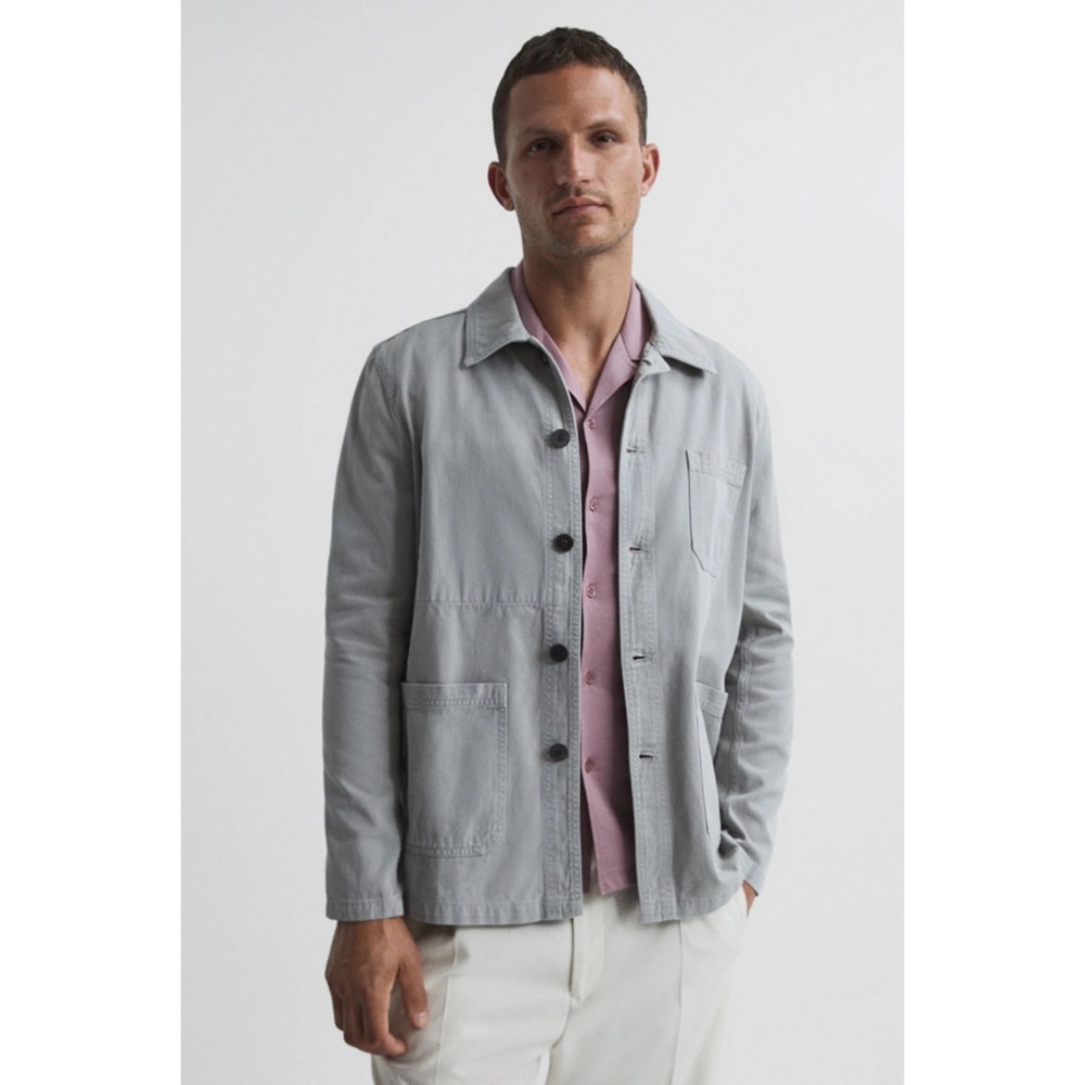 Reiss Conley Cotton Shirt Jacket Mens Medium Grey Blue Utility Chore Coat